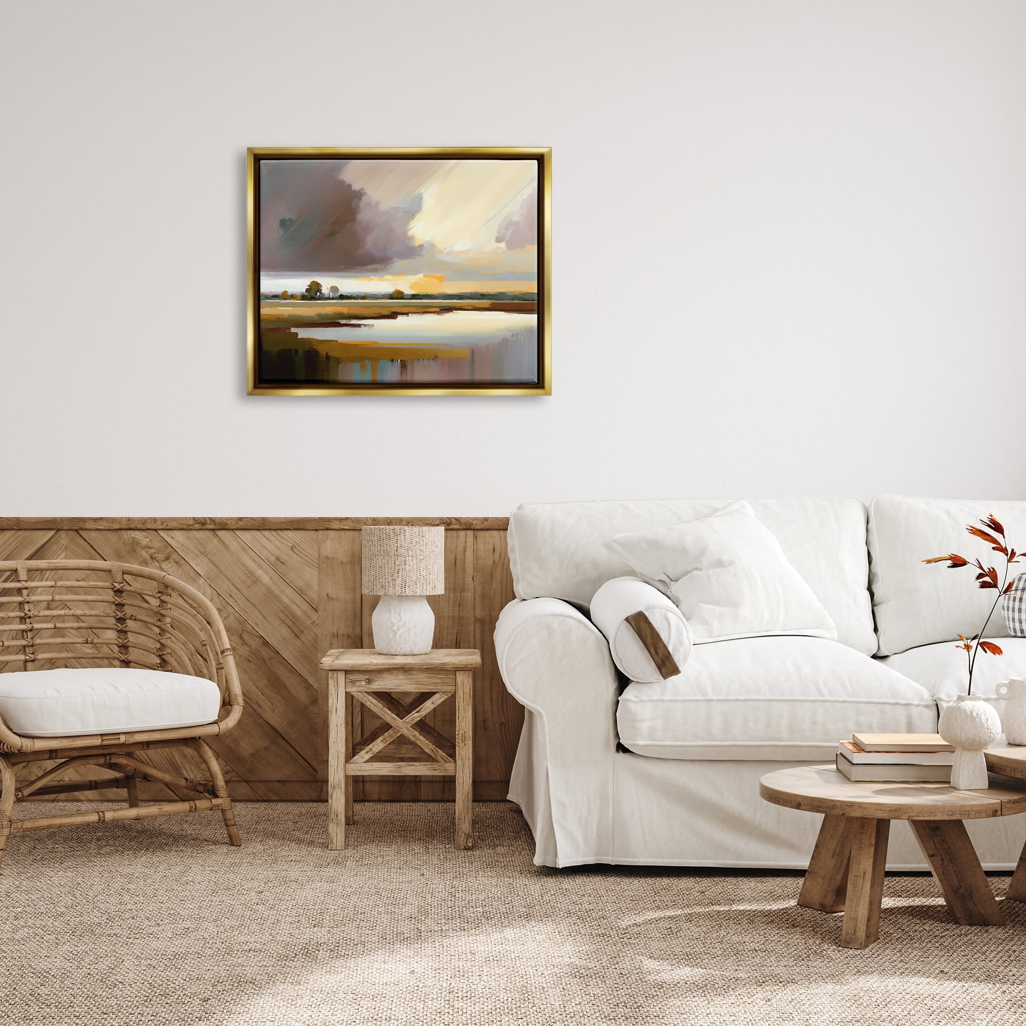 Stupell Industries Abstract Lake Painting Nature Painting Gold Floater Framed Art Print Wall Art, 31 x 25