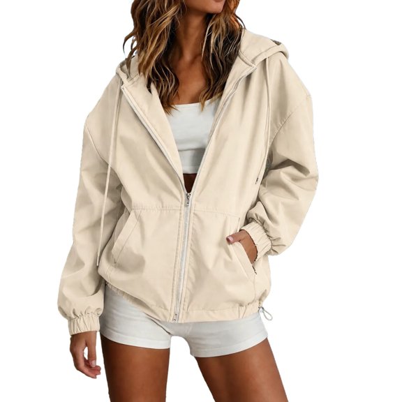 Edvintorg Womens Rain Jacket Solid Color Zip up Waterproof Raincoat Outdoor Long Sleeve Hooded Windbreaker with Pocket Womens Clothes Beige S-2XL