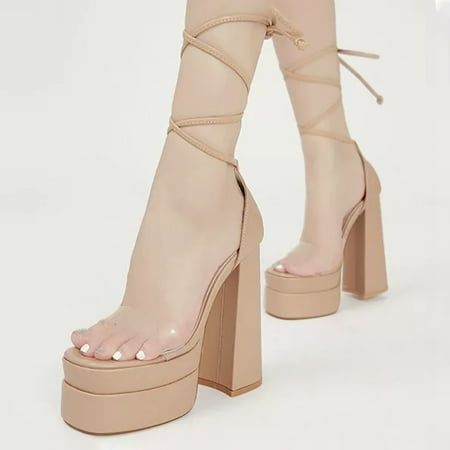 

XIAQUJ Summer Latest Lace up Square High Heeled Sandals for Girls Open Toe Clear Strap Platform Shoes Sandals for Women Khaki 7(38)