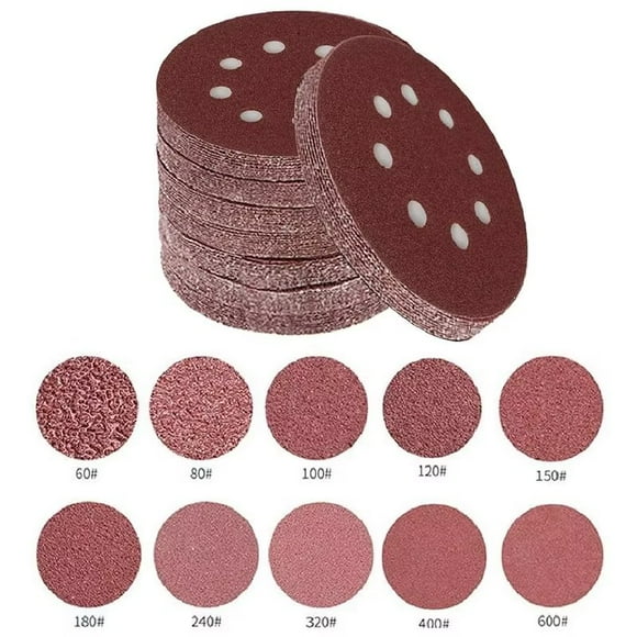 Hiziwimi 100 Pieces 5 Inch with 8 Holes Dustless Hook-and-Loop Circular Sanding Discs Sandpaper Assorted from 60 to 600 Grits