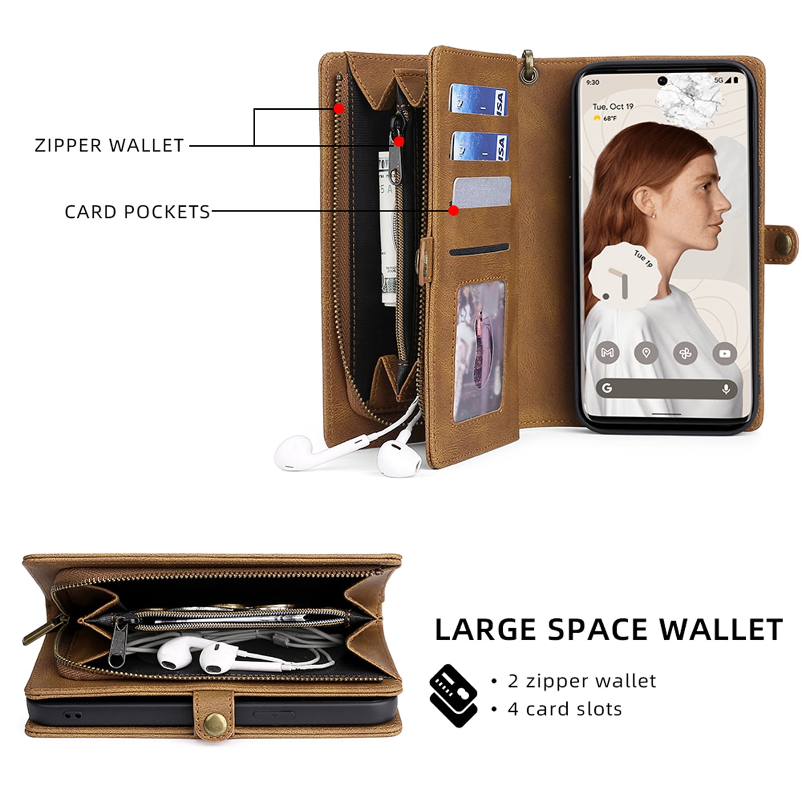 Defencase for Google Pixel 7 Pro Case for Women Men, Removable Durable PU Leather Magnetic Flip Strap Wristlet Zipper Purse Card Holder Detachable Wallet Phone Cases for Google Pixel 7 Pro, Brown