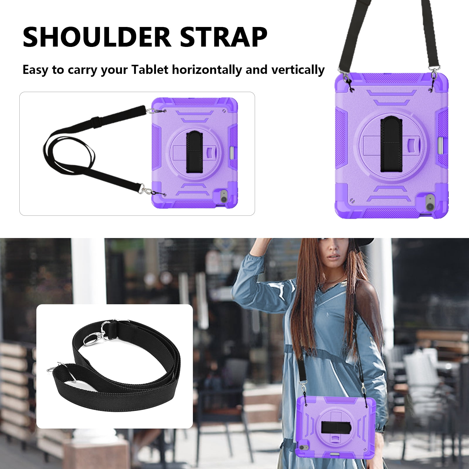 Case for Apple iPad Air 11 Inch 2026/2025/2024 M4 M3 M2, with Pencil Holder Military Grade Protection Rotating Stand Hand Strap Shoulder Strap Bumper Rugged Case for iPad Air 11",Purple