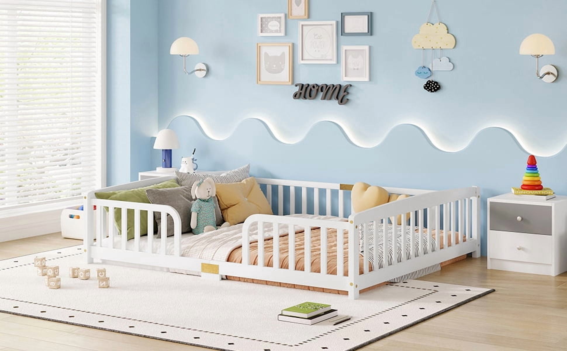 Mintazer Montessori Queen Size Floor Bed with Fence & Guardrail for Kids Children Toddlers, White