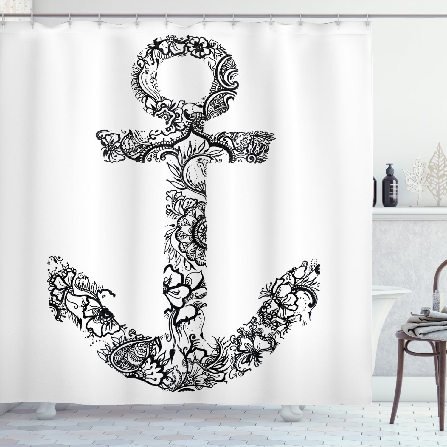 New Nautical Theme Rusty Anchor and Rope Shower Curtain Bathroom Fabric 12Hooks 
