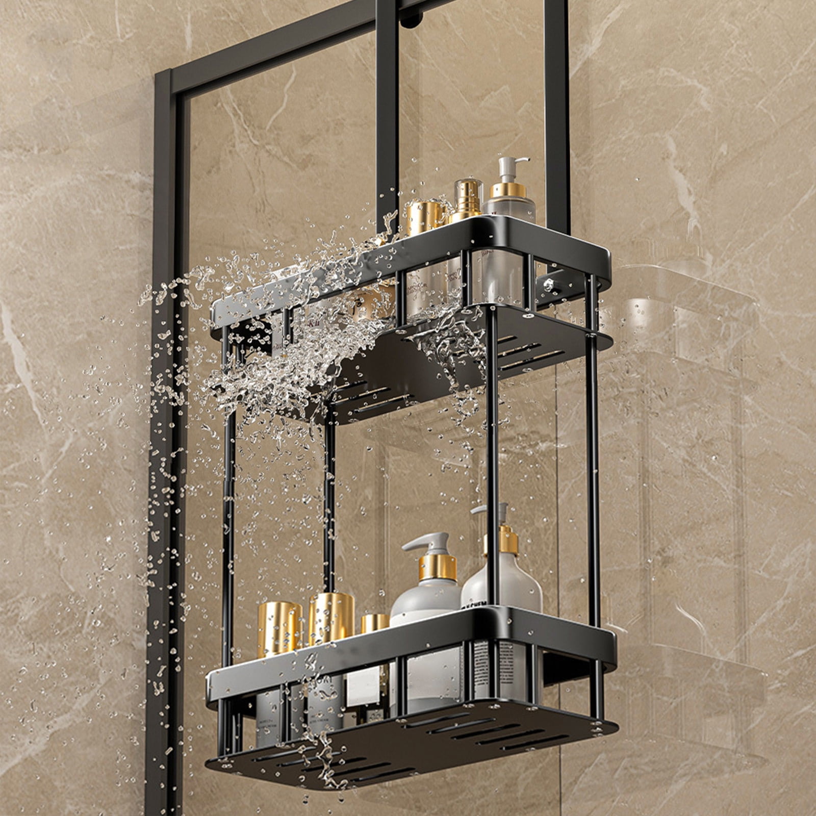 Amacok 1/2 Tiers Hanging Shower Caddy Over The Door Shower Organizer Stainless Steel Bathroom Storage Rack with Hook and Basket Hangers Black