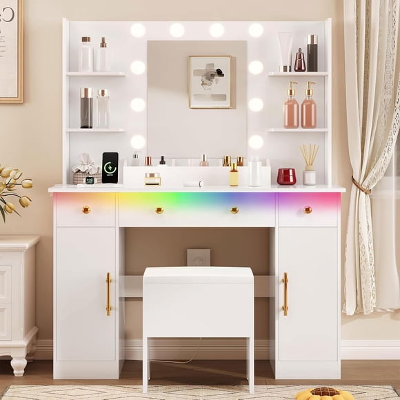 Vanity con Luces LED RGB Ajustable y Estación de Carga, Tocador con Taburete