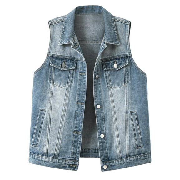 Womens Button Down Denim Jackets Sleeveless Collared Jean Vest Western Waistcoat with Pocket Dark Blue, 2XL