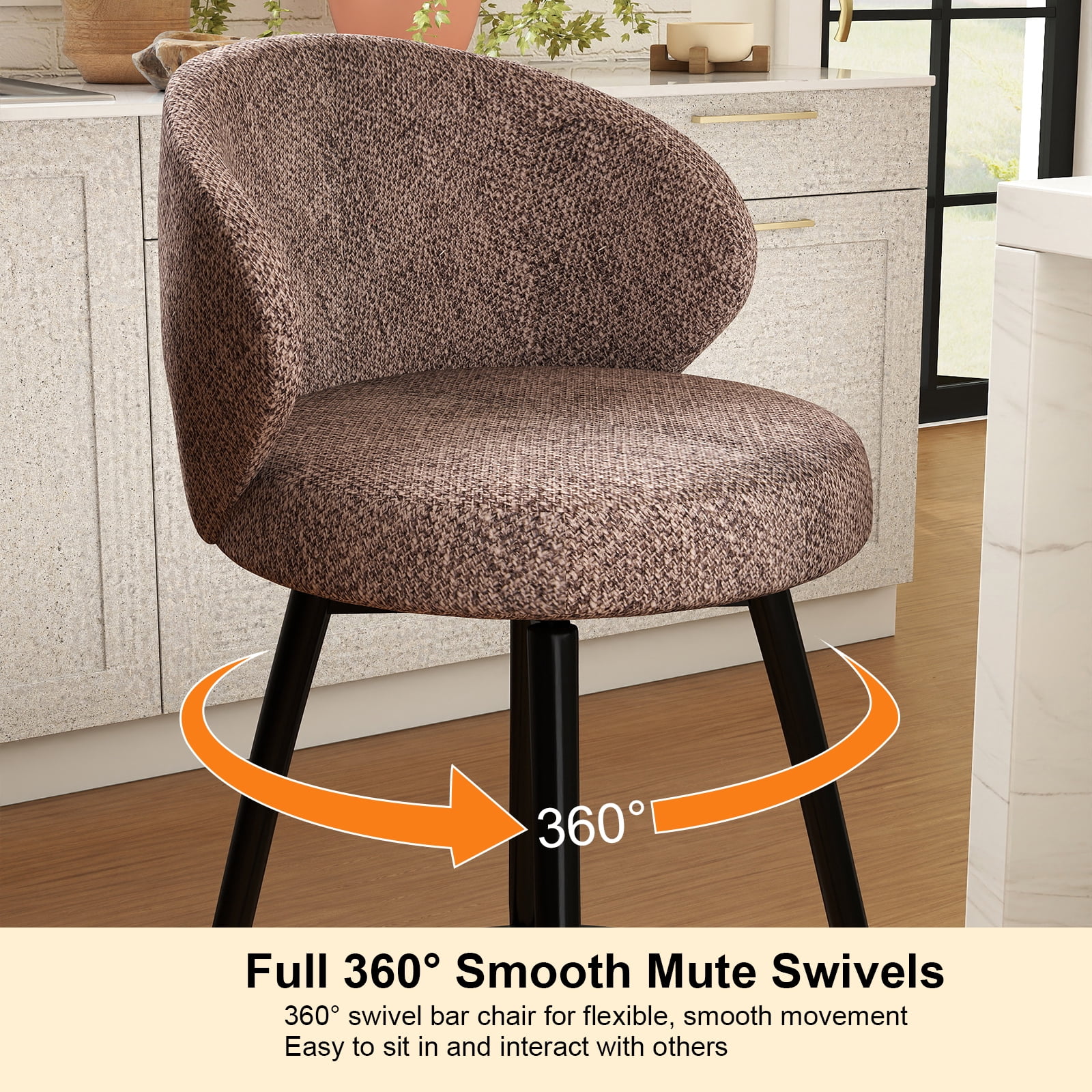 Rongbuk 360° Swivel Modern Bar Stool Set of 2, 26" Upholstered Counter Height Bar Stools with Wingback, Soft Linen Fabric, Counter Chairs with Arm for Kitchen Island or Home Bar, Brown