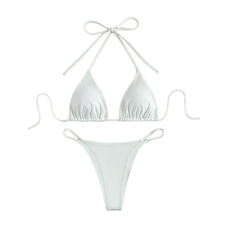 Jdkau Bikini Sets for Women Two Piece Triangle Bikini Set Sexy High Waisted Cheeky Swimsuit Halter Tie Back Bathing SuitsWhite XL