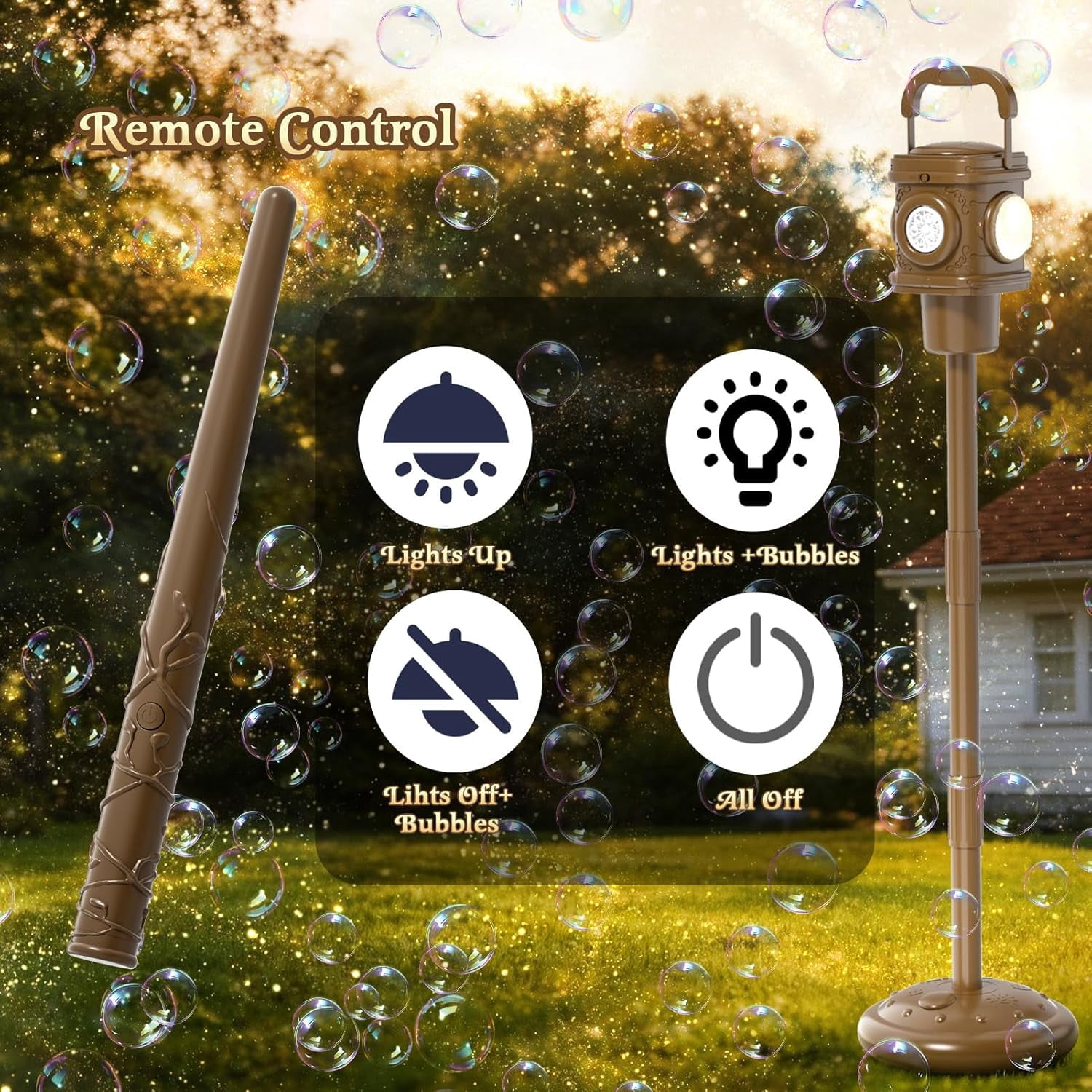 Guvpev Remote Control Automatic Bubble Machine with LED Lights, Battery Operated, Portable Standing Bubble Maker with Adjustable Height for Summer Outdoor Yard, Garden, Wedding & Birthday Party
