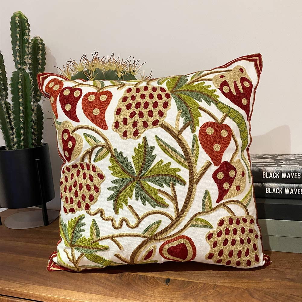Decorative Embroidered Boho Pillow Cover Handmade Cotton Cover for Bohemian Throw Pillows with Beautiful Modern Floral Patterns and Invisible Zipper Square 18x18 Pillow Cover