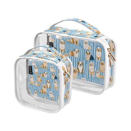 Dogs Stripe Clear Cosmetic Bags with Handles PVC Toiletry Bags Zipper Waterproof Portable for Traveling 2 Pcs