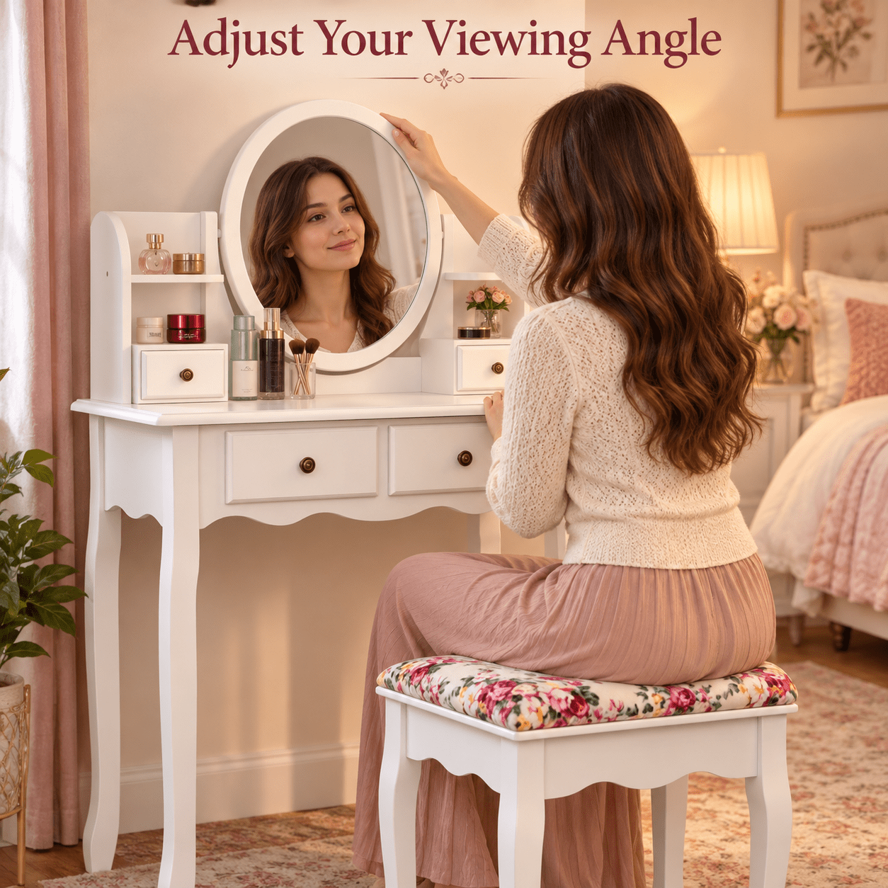 Furnibear Makeup Vanity Table Set Girls Dressing Table with 360-Degree Round Mirror 4 Drawers Cushioned Stool, White