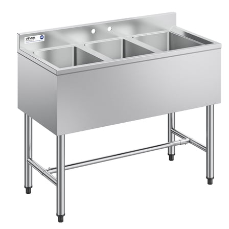 VEVOR 3 Compartment Sink, 18-Gauge 304 Stainless Steel, 10" x 14" x 10" Bowl Size, 3 Bay Commercial Under Bar Sink with Backsplash and Efficient Drainage for Kitchen,Restaurant, Food Truck & Home Use