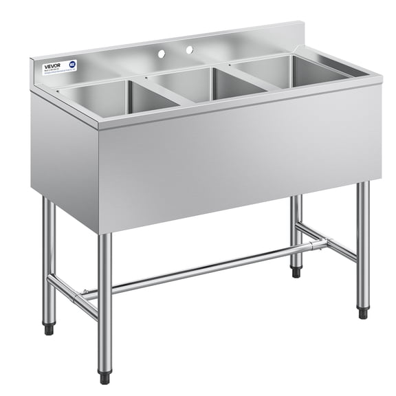 VEVOR 3 Compartment Sink, 18-Gauge 304 Stainless Steel, 10" x 14" x 10" Bowl Size, 3 Bay Commercial Under Bar Sink with Backsplash and Efficient Drainage for Kitchen,Restaurant, Food Truck & Home Use