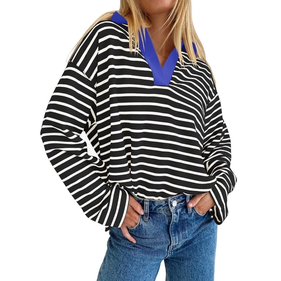 Women's Sweatshirts Shirt Trendy V Neck Long Sleeve Shirts Striped Color Fashion Pullover Tops Comfy (Black,Medium)