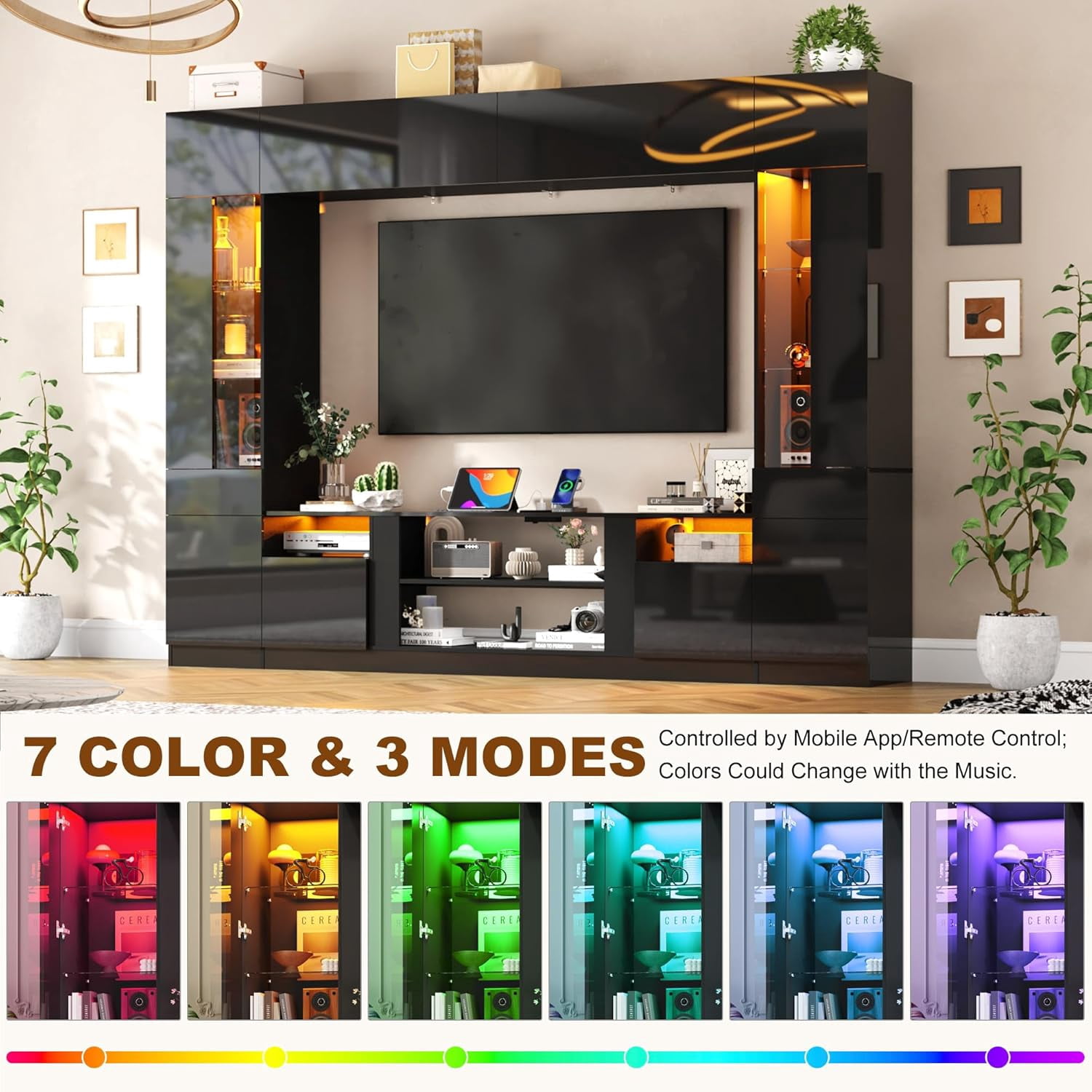 ANPOO 107" Large Wall Unit Entertainment Center with Bookshelves & LED Lights and Storage Shelves, Modern High Glossy TV Stand Media Console Table with Bridge Cabinet for Living Room & Home Theater