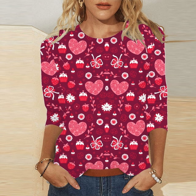 Hamky T-shirts pour Femmes Manches 3/4 Hauts Imprimés Cœur T-Shirts pour Femmes Manches 3/4 Col Rond T-Shirts Graphiques Hauts de Vacances T-Shirts Graphiques T-Shirts Femmes Rouge TTG