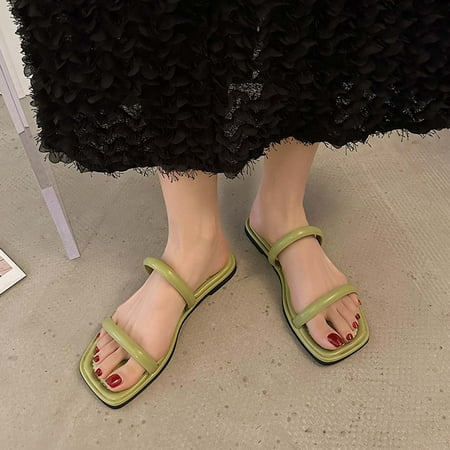 

Summer Saving Clearance! Tuobarr Women s Slide Sandals Womens Summer Fashion Flat Slippers Square-Head Solid Color Casual Beach Slippers Green US Size 6.5