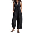 thumbnail image 4 of Women's Cotton Linen Jumpsuit, Sleeveless Stand Collar Loose Jumpsuit with Pockets, Casual Wide Leg Overalls, Summer Casual Jumpsuit and Work Jumpsuit for Women​-Black, 4 of 7