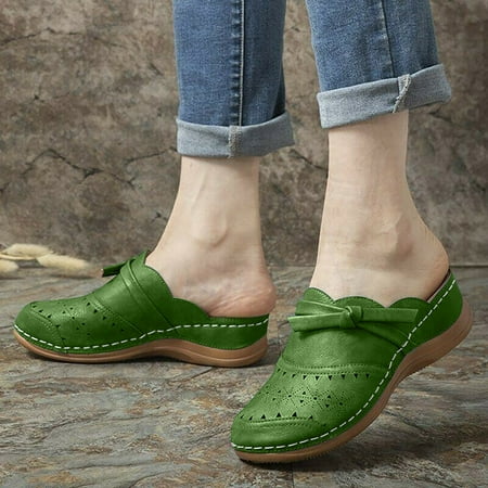 

SQUARE CARMEN Women Lace-up Closed Toe Comfortable Slip On Solid Color Wedge Slippers Sandals Green 41