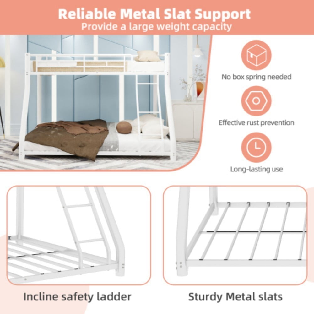 Twin Over Full Metal Bunk Bed, Heavy Duty Frame with Guardrails, Space-Saving Design, Twin & Full Mattress Compatible, Classic White