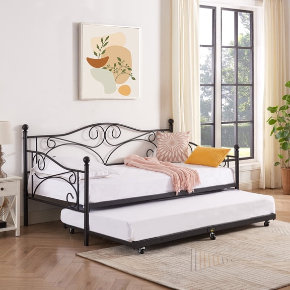 VECELO Twin Metal Daybed Frame with Trundle, Mattress Foundation Sofa Bed Platfrom with Headboard, No Box Spring Needed, Black