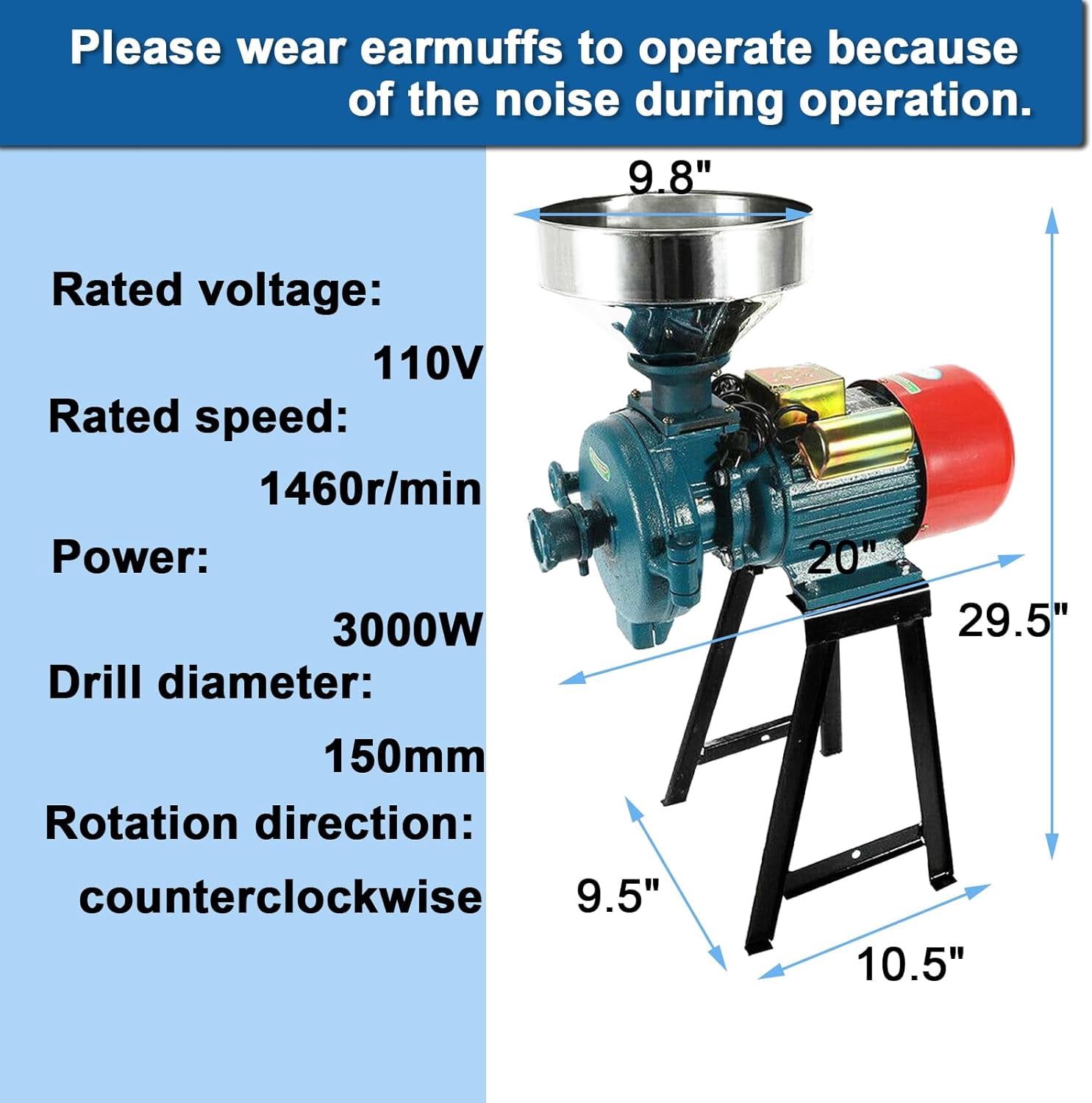 PRIJESSE Electric Grain Grinder Mill 110V 3000W  Dry Corn Grinder Commercial  Feed Mill Dry Cereals Wheat Grinder W/ Funnel