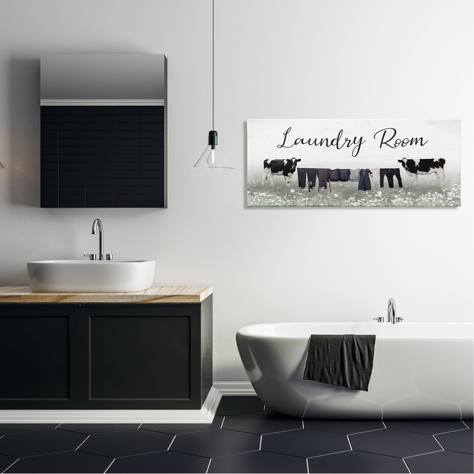 Stupell Laundry Room Clothes Drying Cows Nature Painting Gallery Wrapped Canvas Print Wall Art
