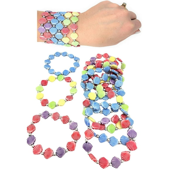 Colorful Faux Sea Shell Bead Stretchy Kid's Bracelets (12 Pack) Mermaid Theme