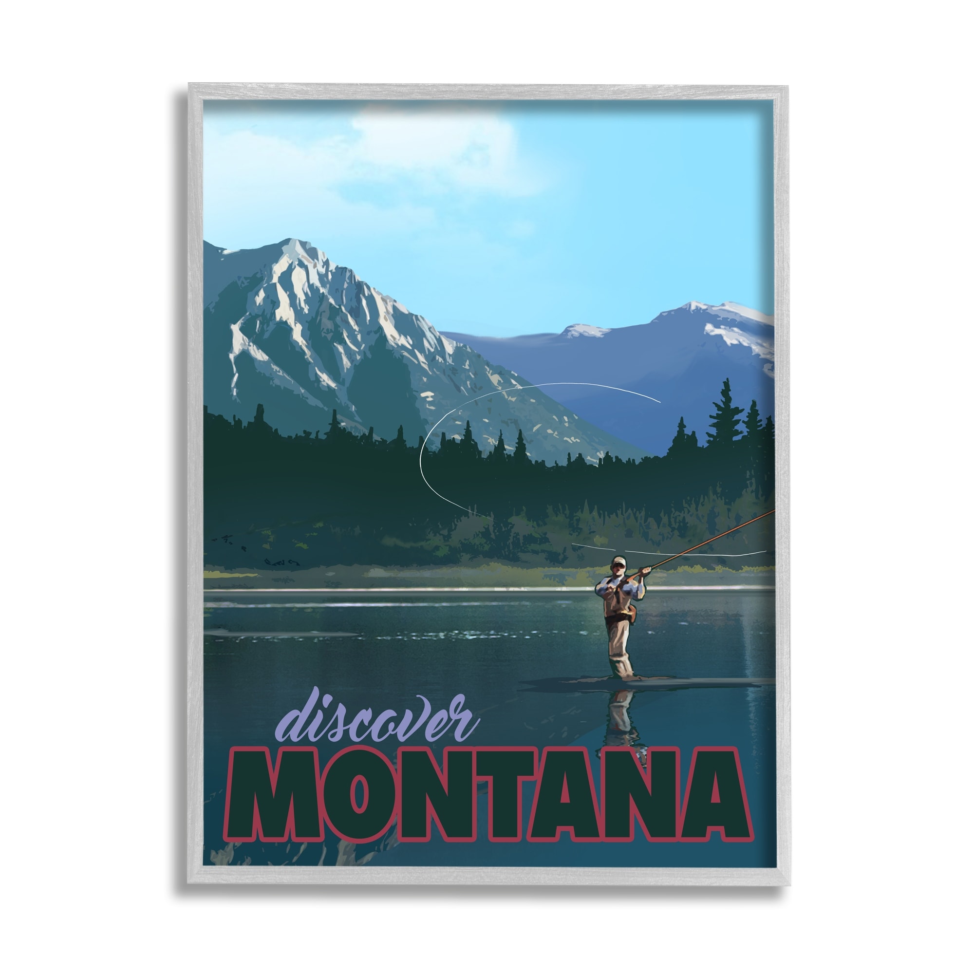 Stupell Industries Montana Travel Fly Fishing Lake Mountains Landscape Graphic Art Gray Framed Art Print Wall Art, Design by David Owens Illustration