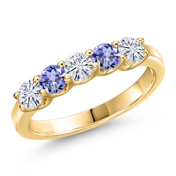Gem Stone King 10K Yellow Gold White Moissanite and Blue Tanzanite Wedding-Bands Ring for Women | 0.84 Cttw | Round 3.5MM | Gemstone Birthstone | Size 5
