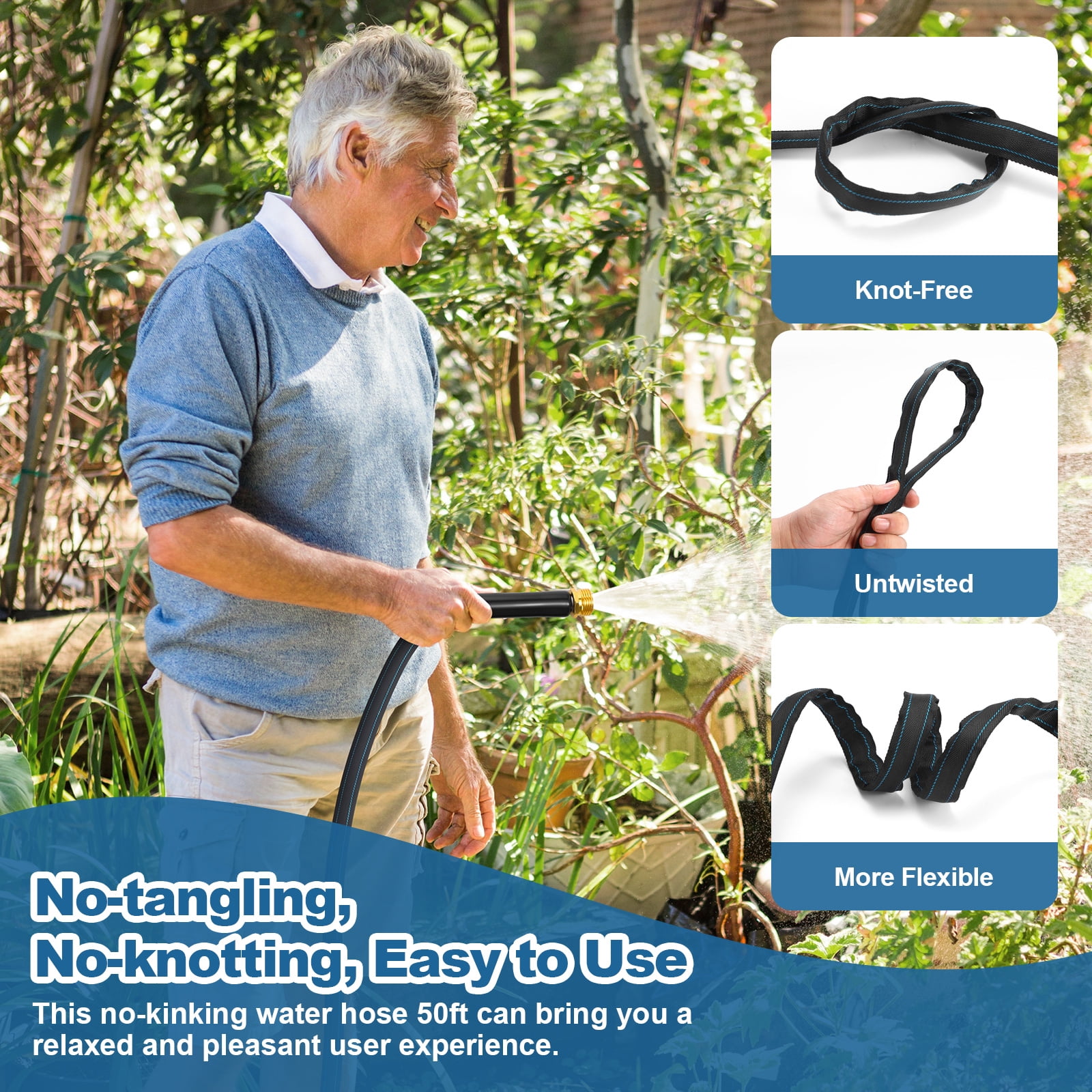 Lighter Garden Hose 50ft, Non-retractable, Aluminum-plated Copper Leak-Proof Metal Interface Design, no Knots, Portable, Wear-resistant, Sturdy, more Flexible, 3/4GHT, Hose for Yard, Garden, Outdoor