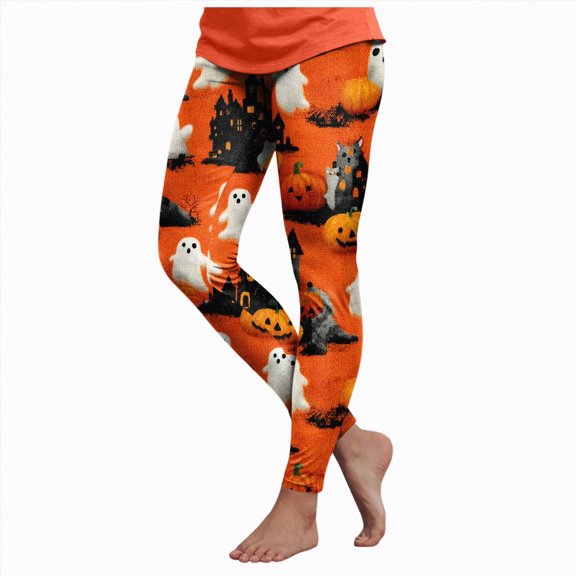 HCNTES Halloween Leggings for Women Pumpkin Skeleton Witch Ghost Printed Tights High Waisted Soft Stretchy Yoga Pants (1-Orange,XXL)
