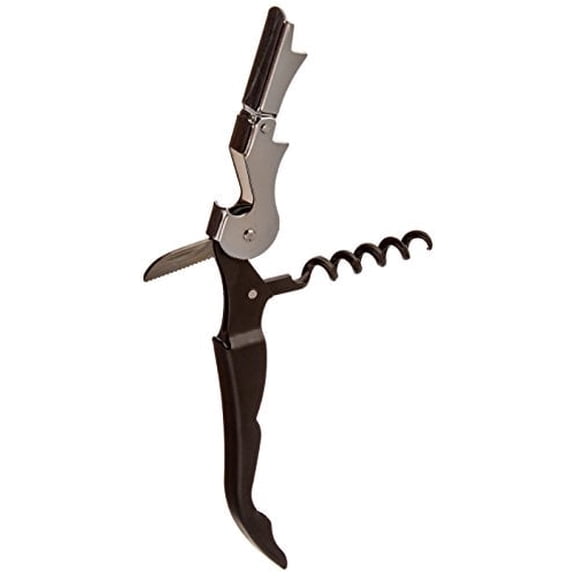 Black Handled Double Hinged Waiters Corkscrew Professional Stainless Steel 5 Turn Worm and Serrated Foil Cutter ~ Open Beer/Wine Bottles by BlueDot Trading