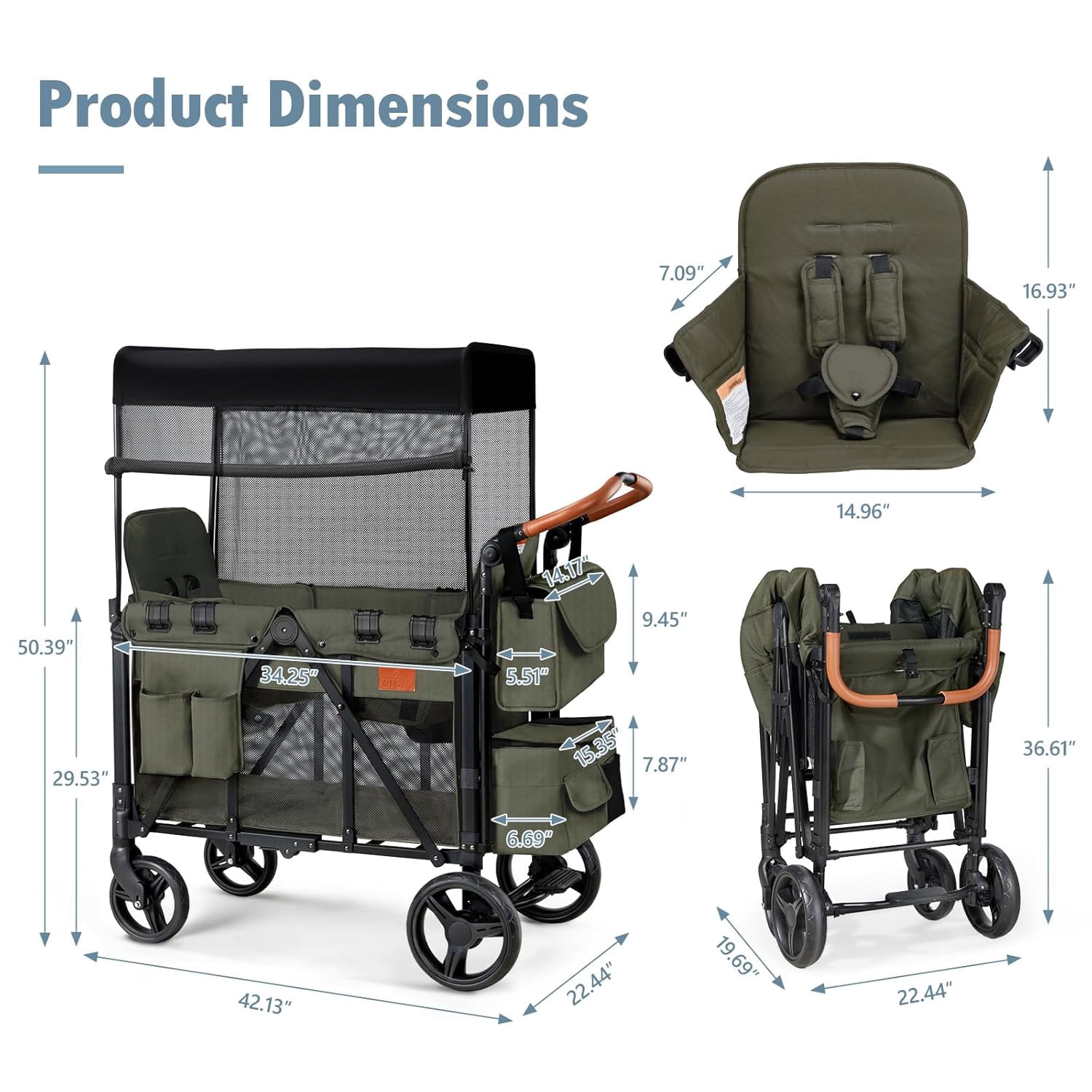 UBesGoo Wagon Stroller for 2 Kids, High Seat, Foldable All-Terrain Wagon for Toddler with Removable Canopy, Adjustable Handlebar, Large Storage Bag, Green