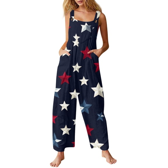 JULMCOMO 4th of July Jumpsuits for Women Independence Day Cotton Linen Patriotic Long Pants American Flag Sleeveless Wide Leg 1776 Overalls with Pockets Black XL