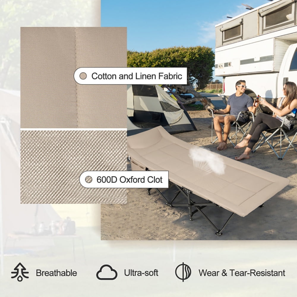 Aimee Lii Folding Camping Cot with Carry Bag Cushion and Headrest, Outdoor Portable Camping Bed for Sleeping Hiking Travel, Khaki