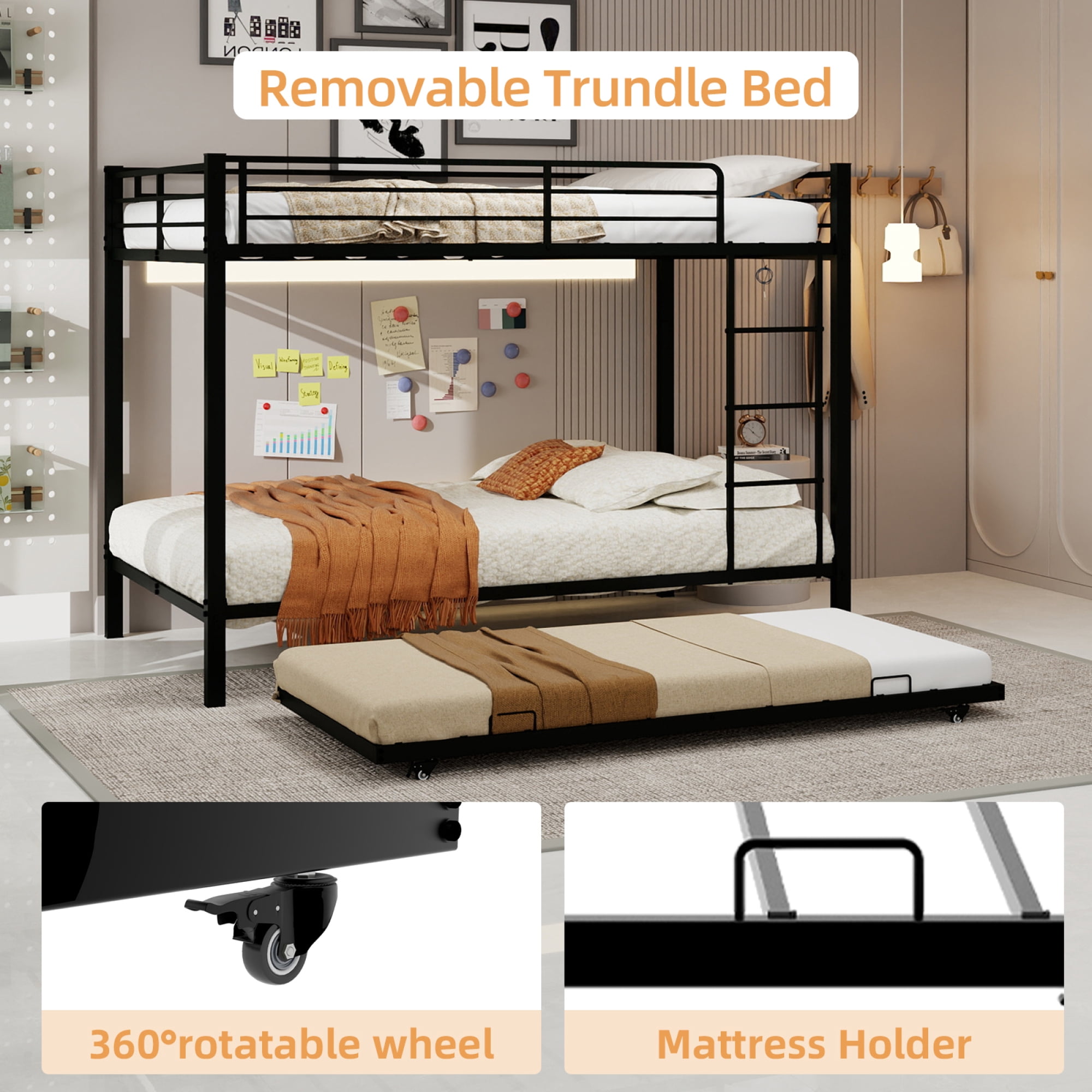 Queen over Queen Bunk Bed with Trundle, Heavy-Duty Metal Bunk Bedframe with Ladder and Full-Length Guardrails for Kids Teens Adults, No Box Spring Needed