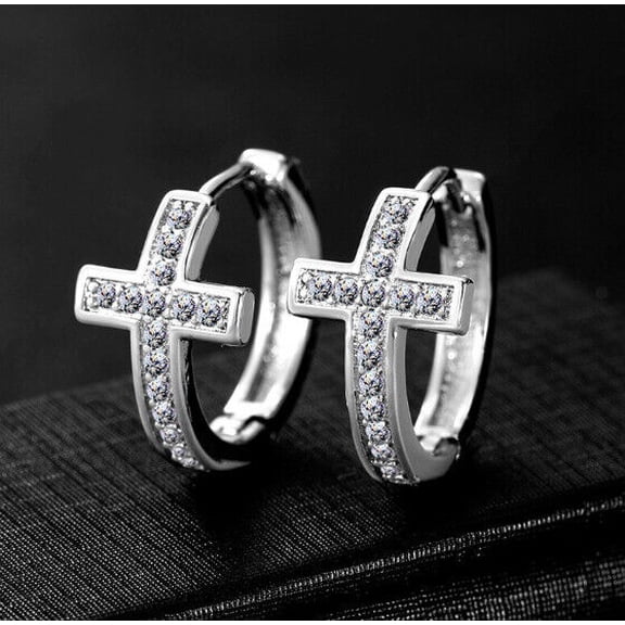 Mahablijewels 14K White Gold Over Round Cut Cubic Zirconia Huggie Hoop Women's Cross Earrings