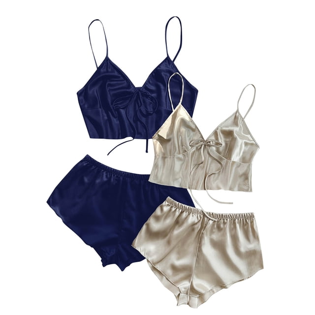 Birdeem 2Pcwomens Solid Suspender Lace Splicing Shorts Pajamas Set
