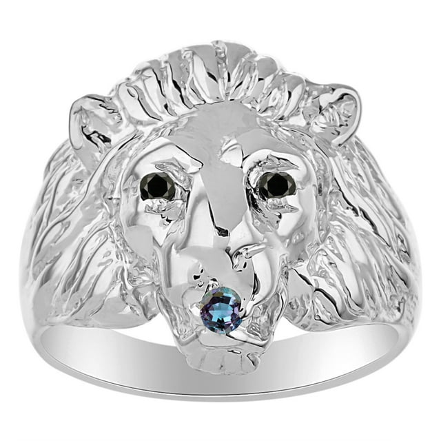 RYLOS Rings Sterling Silver Lion Head Ring Black Diamonds Eyes & Gemstone Mouth Fun Designer Rings Alexandrite Jewelry Size 11