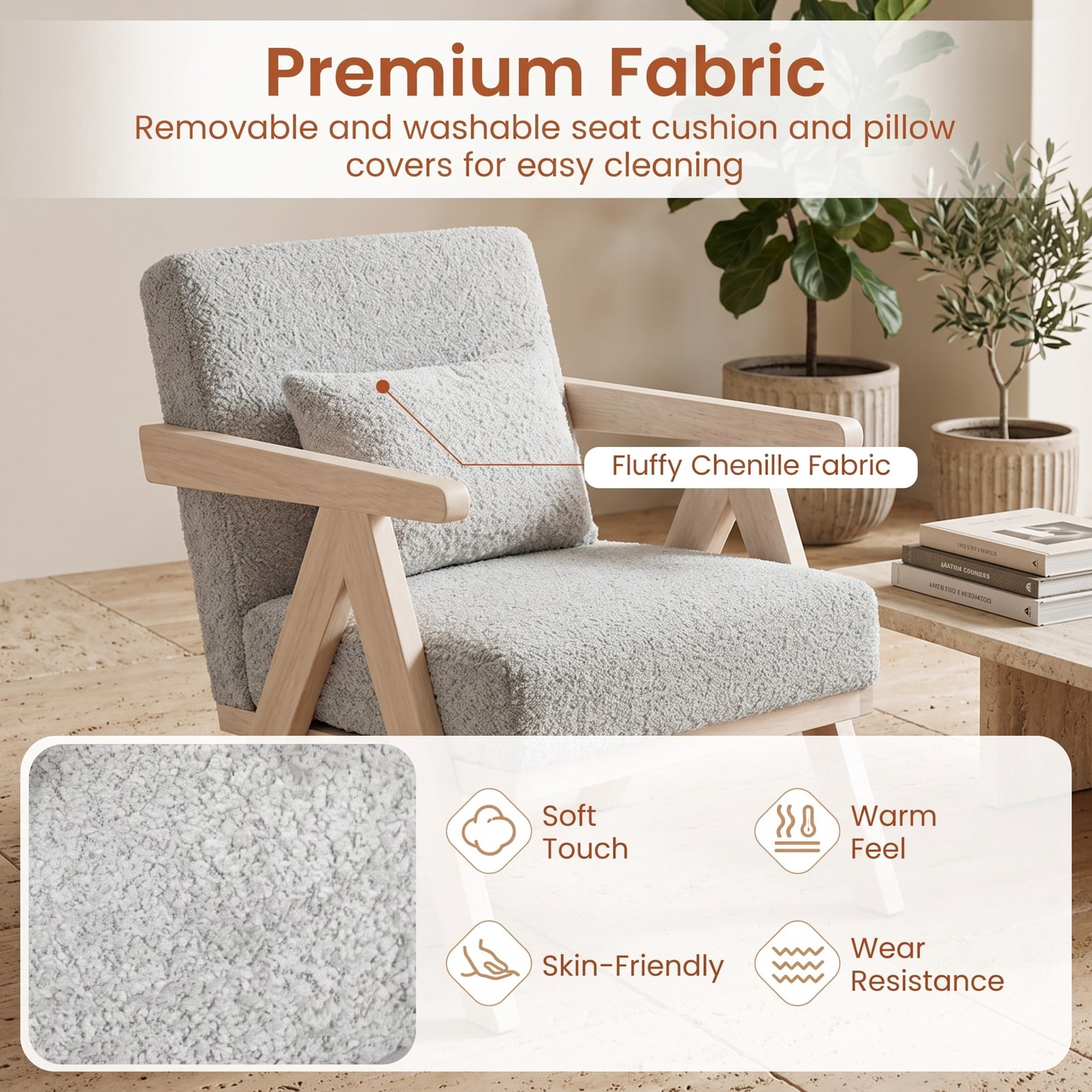 Furnibear Mid-Century Modern Accent Chair, Faux Leather Upholstered Armchair with Chenille Fabric, Rubber Wood Frame, Pocket Spring Seat, Removable Washable, Gray