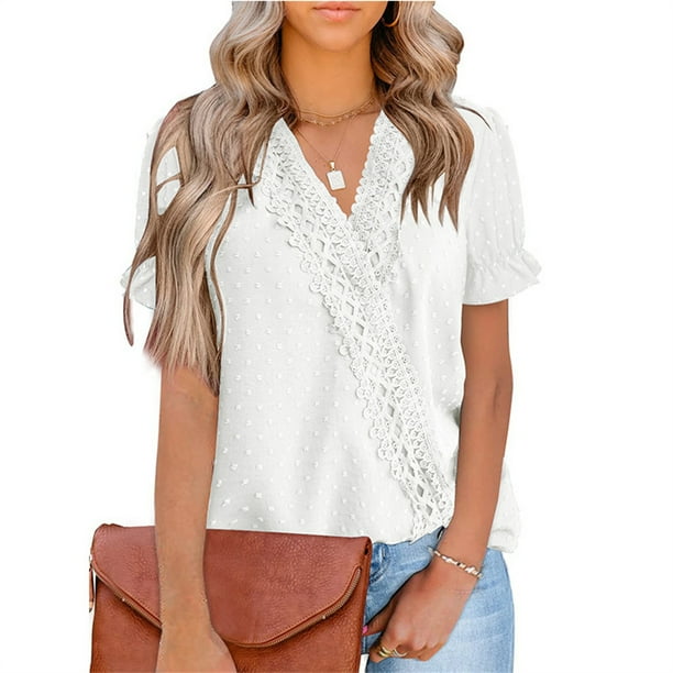 Sonducket Camisa de manga corta para mujer, cuello en V, para verano, playa, trabajo, cita, escuela, moda, blusas simples con blusa de encaje, Ropa, zapatos y accesorios Miscelánea Blanco SG
