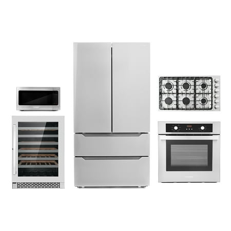 Cosmo 5 Piece Kitchen Package With 36  Gas Cooktop 30  Under Cabinet Range Hood 24  Single Electric Wall Oven 24.4  Countertop Microwave & French Door Refrigerator
