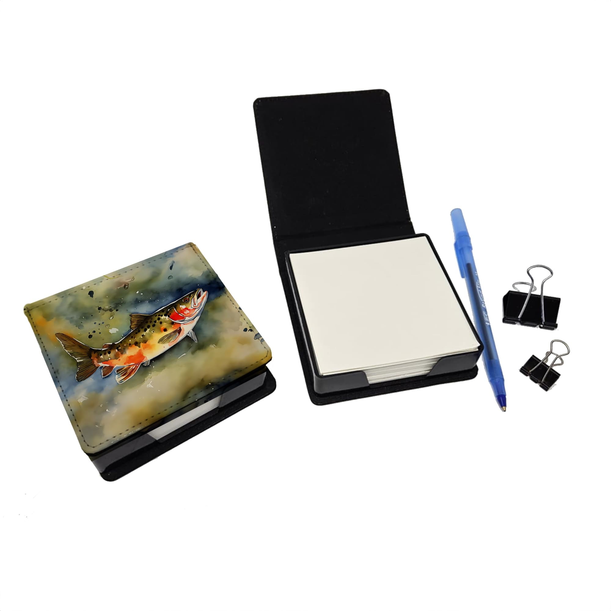Caroline's Treasures Brook Trout PU Leather Note Paper Holder with Artist-Designed Cover, Desk Accessory, Office Gift
