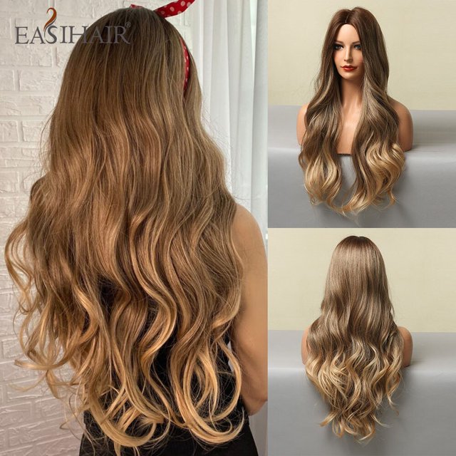 EASIHAIR Ombre marrón claro rubio platino largo ondulado parte media peluca de pelo Cosplay Natural resistente al calor peluca sintética para mujeres Tan Jianjun unisex