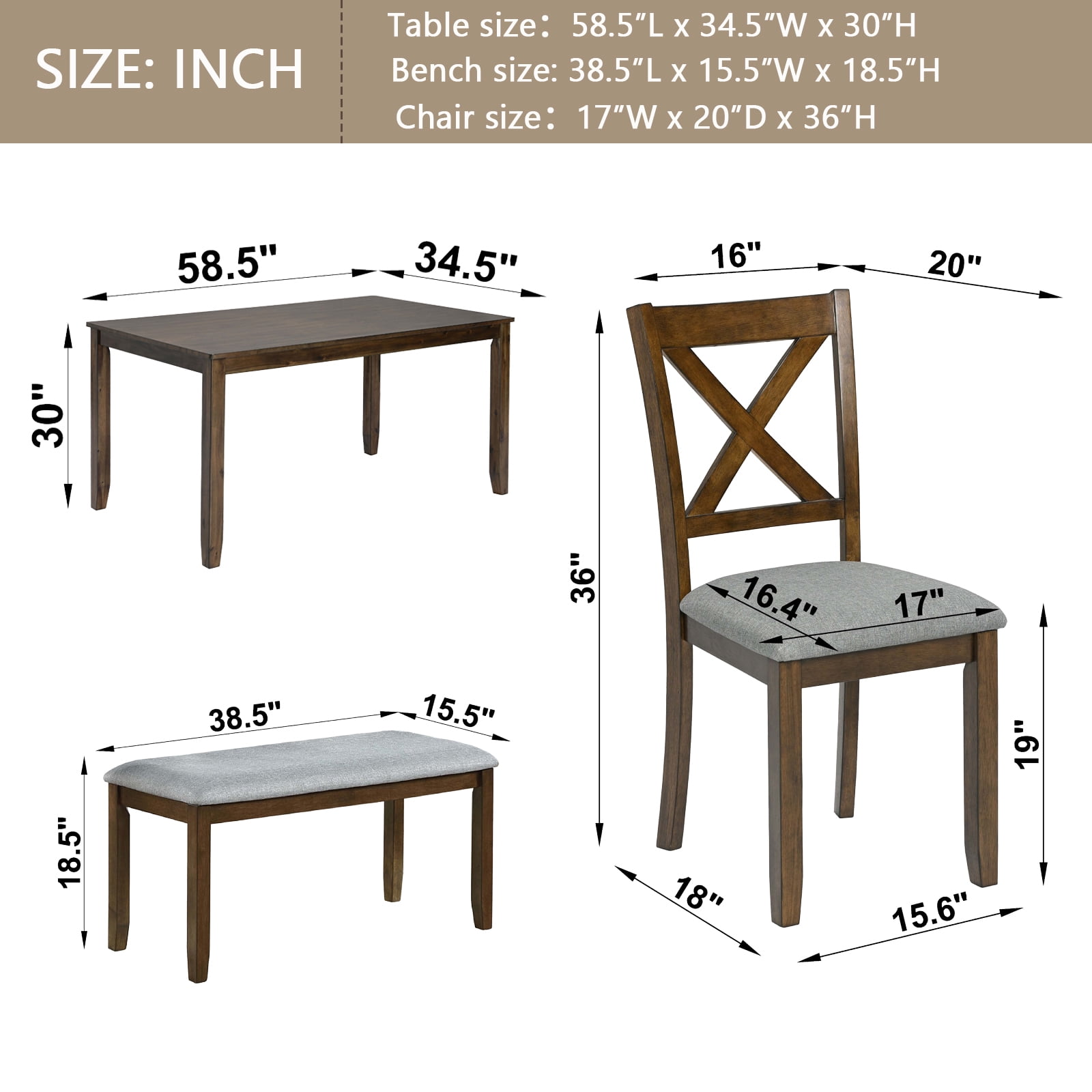 HOQBN 6 PieceKitchen Dining Table Set,Rectangular Wooden Dining Table with 4 Upholstered Chairs and a Bench, Dining Table Set for 6 People, Living Room, Home Bar and Kitchen,Walnut