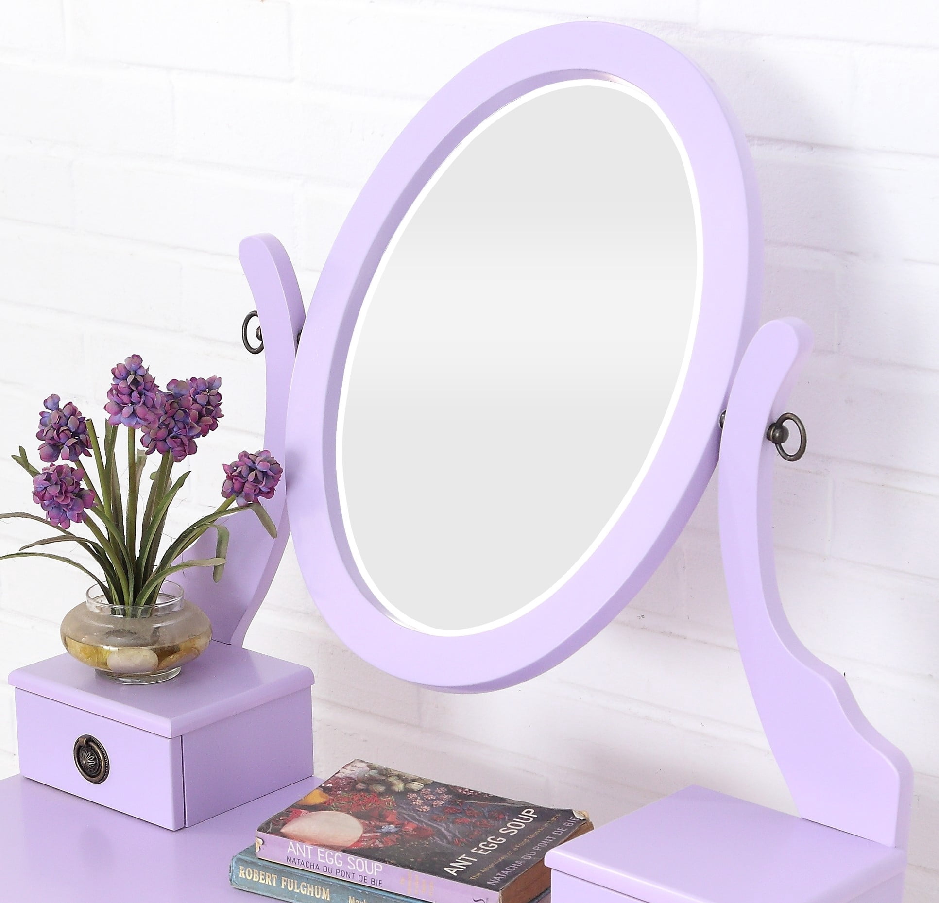 Mintazer Vanity Table Set with Adjustable Oval Mirror & Cushioned Stool, Makeup Dressing Table with 3 Drawer for Bedroom, Purple