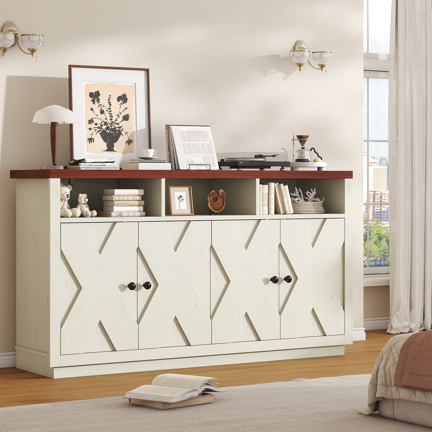 HAUXITIO 60" Farmhouse Buffet Cabinet with 4 Doors & Open Shelves,Kitchen Storage Sideboard for Dining Room & Living Room,Beige